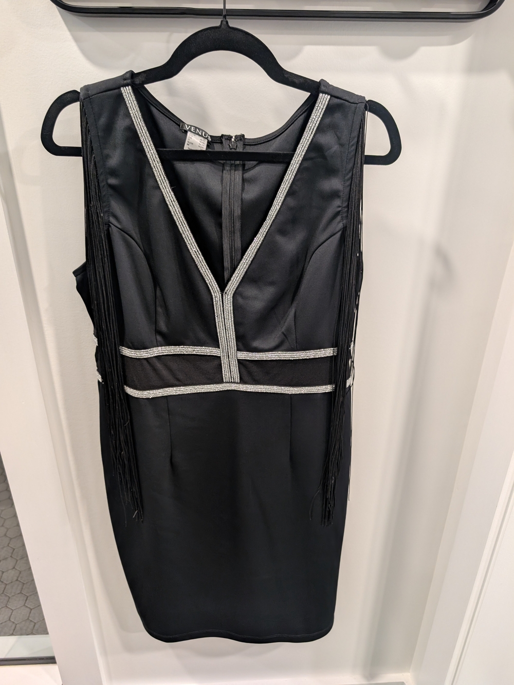 Venus Black Sleeveless Fringe Sheath Dress with Silver Trim